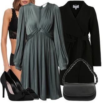 Outfity na zimu Ke kolenům s Šedá/Tmavě Zelená/Zelená/Tmavě šedá Šaty na Podzim/Občanské šaty/Zimní šaty s dlouhým rukávem/Šaty s dlouhým rukávem/Halenkové Šaty/Šifonové Šaty/Plisované Šaty/Zavinovací Šaty/Společenské šaty pro hosta guido maria kretschmer women "Zimní look"