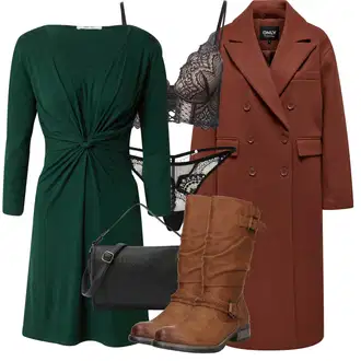 Outfit s Zelená/Tmavě zelená Občanské šaty/Šaty s Vodopádovým Výstřihem/Šaty s 3/4 Rukávem/Šaty s dlouhým rukávem/Zimní šaty s dlouhým rukávem/Šaty na Podzim/Zavinovací Šaty About You "Zimní look"