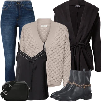 Výstřih na ramena Outfit s Černá Pletenina veľkej veľkosti/Kabát/Mikina/Tunika About You "Zimní outfit pro volný čas"