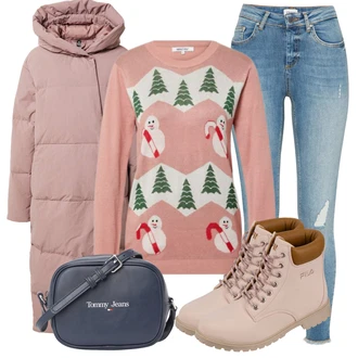 Outfit s Šedá Dlouhé Šaty/Taška/Dlouhá tylová sukně/Doplňek/Dlouhý Zimní Kabát Tommy Jeans "Zimní outfit pro volný čas"