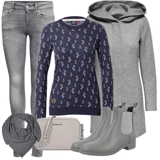 Slouchy Vlna Outfit s Šedá/Světle šedá/Tmavě šedá Šátek/Šál/Kruhový Šál/Klobouk Bandana Zwillingsherz "Zimní outfit pro volný čas"