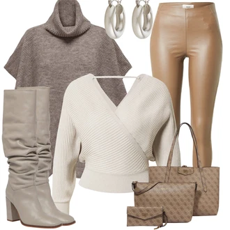 Outfit s Hnědá/Šedá/Khaki/Béžová Neprůhledný Legíny/Formovaná Legína/Kožený legíny/Legíny s Rozparkem/Strečová Kalhoty/Legíny s Vysokým Pasem/Skinny Kalhoty/Jeggings/Tregíny/Legíny Kožený Vzhled/Push up Kalhoty Object "Zimní outfit pro volný čas"