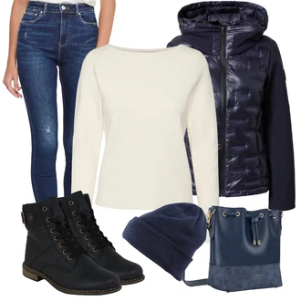 Outfit s Černá/Tmavě modrá/Modrá Kozačka Šněrovací Kotníková Bota/Klasická Kozačka/Kotníková Bota s Podšívkou/Bojová Bota/Plochá Kotníková Bota/Motorkářská bota Rieker "Zimní outfit pro volný čas"