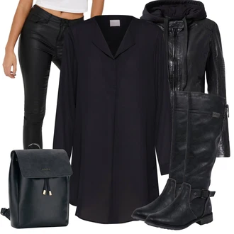 Zapínání na knoflíky Outfit s Černá/Tmavě modrá Tunikové Tričko/Oversize Halenka/Elegantní Tunika/Klasická tunika/Dlouhá Halenka Vila "Zimní outfit pro volný čas"