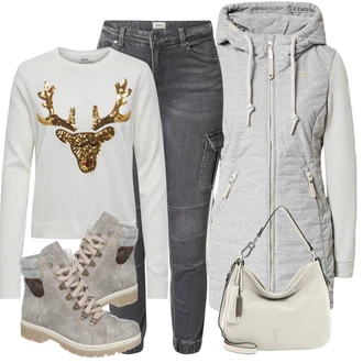 Outfity na zimu Mom s Šedá/Světle šedá/Tmavě šedá Cargo Džíny/Motorkářské Džíny Only "Zimní outfit pro volný čas"Look: Styl, 90tá léta, Mom, Old Money, Venkovní, Pracovní oděvy