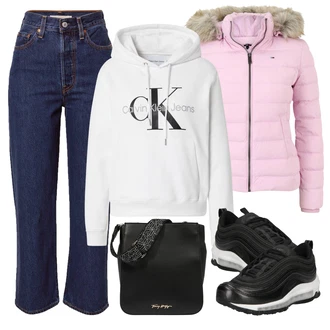 Streetwear Outfit s Šedá/Bílá/Růžová/Tmavě šedá/Stříbrný/Khaki/Krémová Mikina/Vintage Mikina/Svetr S Kapucí/Unisex Mikina S Kapucí/Partnerská Mikina/Originální Mikina/Sportovní Mikina Calvin Klein "Zimní outfity"Look: Unisex, Kpop, Streetwear