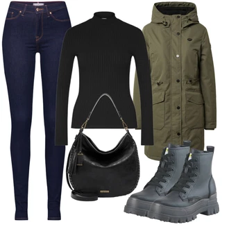 Lehké Outfit s Černá/Tmavě modrá/Modrá Šněrovací Kotníková Bota/Kožená bunda/Bojová Bota/Plochá Kotníková Bota/Šněrovací Kozačka na Platformě/Gumová Kotníková Bota Buffalo "Zimní outfity"