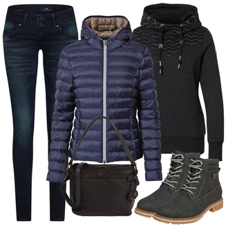 Outfit s Černá Šněrovací Bota/Kozačka Šněrovací Kotníková Bota/Nízká bota na podpatku/Zimní bota Rieker "Zimní outfity"
