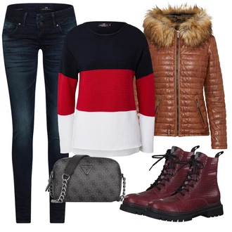 Outfit s Červená/Hnědá/Oranžová Kožené Bund/Zimní Bund/Puchová Bund/Péřová Bunda/Neobvyklá bunda Oakwood "Zimní outfity"