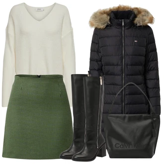 Vysoké Podpatky Outfit s Černá/Bílá/Šedá Kozačka Na Podpatku/Kozačka po Kolena/Kožená Kozačka nad Koleno/Dlouhá Kozačka/Špičatá Kozačka/Jezdecká Bota/Bota se širokým nohavici/Kozačka se zipem Tommy Hilfiger "Zimní outfity"