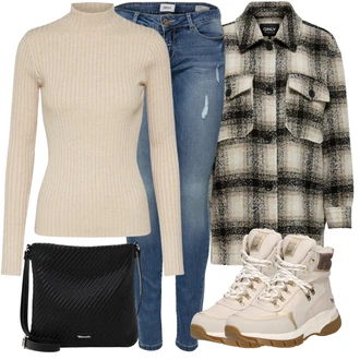 Outfit s Béžová/Krémová/Hnědá Košilová bunda/Tweedová bunda/Bouclé Bund/Jacquard Bund/Vlněná Bund/Blůzová Bunda/Dřevorubecká bunda Only "Zimní outfity"