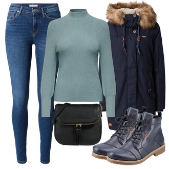 Outfit s Tmavě Modrá/Modrá/Světle Modrá Kozačka Šněrovací Kotníková Bota/Kožená kotníková bota/Kožená bota/Šněrovací bota/Plochá Kotníková Bota/Bezpečnostní bota/Kotníková Bota s Podšívkou/Kožená bunda Rieker "Zimní outfity"