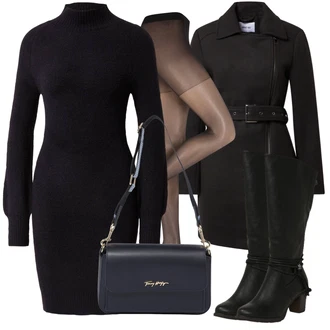 Outfit s Černá Kozačka Bota se širokým nohavici/Dlouhá Kozačka/Jezdecká Bota/Kozačka se zipem/Motorkářská bota/Kozačka po Kolena Rieker "Zimní outfity"