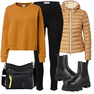 S páskem Outfit s Černá Kožená bunda/High Waist Džínové Kalhoty/Kožené Boty/Termální Džíny/Zimní bunda/Push up Džín Tommy Jeans "Zimní outfity"