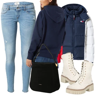 Outfit s Tmavě modrá Pletená Mikina s kapucí/Mikina s polovičním zipem/Mikina na zip oversized/Mikina/Sportovní Mikina/Unisex Mikina S Kapucí/Vintage Mikina/Originální Mikina/Mikina/Svetr S Kapucí Tommy Jeans "Zimní outfity"