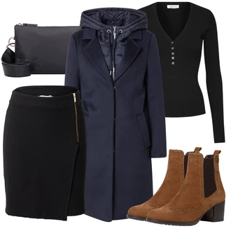Outfit s Tmavě hnědá/Hnědá/Vínová Chelsea Boty/Kožená bunda/Letní kotníková kozačka/Kotníková Bota s Podšívkou/Vintage Kotníková Bota Tamaris "Zimní outfity"