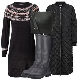 Stojáček Outfit s Černá Dlouhý Péřový Kabát/Prošívaný kabát/Dlouhý Zimní Kabát Only "Zimní outfity"