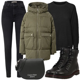 Outfity na zimu s Černá Zvonová Kalhoty/Dlouhá tylová Sukně/Doplňek/Dlouhý Zimní Kabát/Batoh/Taška Přes Rameno/Dlouhé Kardigany Calvin Klein "Zimní outfity"