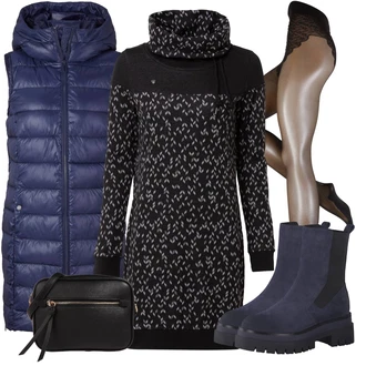 Outfit s Tmavě Modrá/Modrá Kožená bunda/Klasická kozačka/Plochá Kotníková Bota/Kotníková Bota s Podšívkou/Zimní kotníková bota MARCO TOZZI "Zimní outfity"