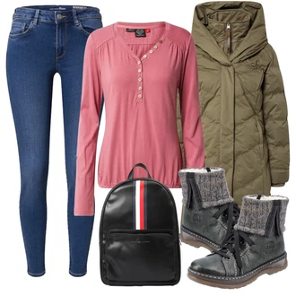 Outfit s Šedá/Černá Kozačka Šněrovací Kotníková Bota Rieker "Zimní outfity"