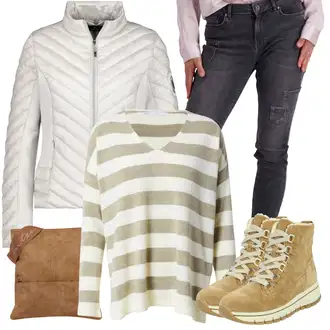 Outfit s Černá Dlouhý Zimní Kabát/Dlouhé Šaty/Móda Pro Plnoštíhlou/Zvonové Džíny/Dlouhá tylová sukně Monari, Šedá Prošívaná Bunda/Bunda Háčkovaná Monari "Zimní outfity"