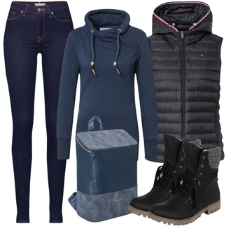 Outfit s Černá/Modrá Mikina s kapucí Mikina/Móda Pro Plnoštíhlou Ragwear "Zimní outfity"