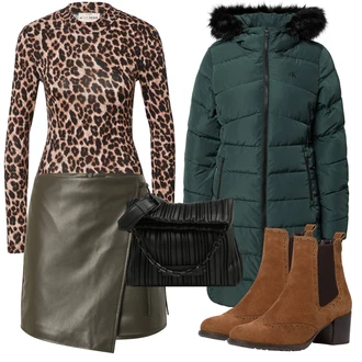 Outfit s Tmavě hnědá/Hnědá/Vínová Chelsea Boty/Kožená bunda/Letní kotníková kozačka/Kotníková Bota s Podšívkou/Vintage Kotníková Bota Tamaris "Zimní outfity"