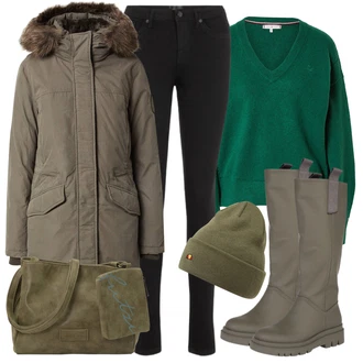 Outfit s Šedá/Hnědá/Tmavě zelená/Khaki/Béžová Nepromokavá kozačka/Holínky/Jezdecká Bota/Klasická kozačka/Dlouhá Kozačka/Kozačka se zipem/Bota se širokým nohavici About You "Zimní outfity"