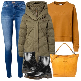 Outfit s Černá/Modrá Kozačka Šněrovací Kotníková Bota/Vintage Kozačka/Motorkářská bota/Plochá Kotníková Bota/Klasická Kozačka/Vintage Kotníková Bota/Bojová Bota Dr. Martens "Zimní outfity"