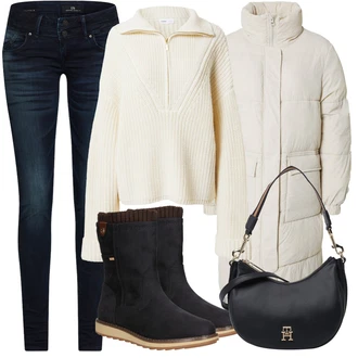 Prošívaný Outfit s Béžová/Bílá/Khaki/Krémová Zimní Kabát/Nafukovací Kabát/Parka/Péřový Kabát/Dlouhý Péřový Kabát/Prošívaný kabát/Lehký Kabát/Dlouhý Zimní Kabát JdY "Zimní outfity"