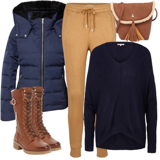 Outfity na zimu s Béžová/Hnědá/Khaki Ležérní Kalhoty/Žerzejová Kalhoty/Jogger Kalhoty/Sportovní kalhoty/Teplák Tom Tailor "Zimní outfity"