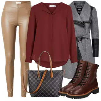 so sponou Outfit s Červená/Tmavě červená Halenka se Stojatým Límcem/Halenka s Dlouhým Rukávem/Slip-on Halenka/Oversize Halenka/Kožená bunda/Hedvábná Halenka/Tunikové Tričko/Jednobarevná Halenka/Dlouhá Halenka/Halenkové Body/Businessová Halenka Vila "Zimní outfity"