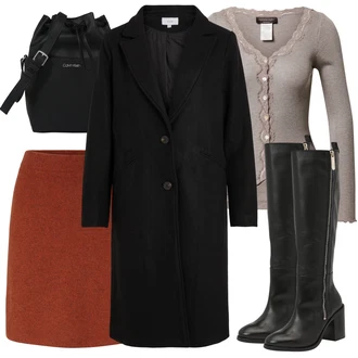 Vysoké Podpatky Outfit s Černá/Bílá/Šedá Kozačka Na Podpatku/Kozačka po Kolena/Kožená Kozačka nad Koleno/Dlouhá Kozačka/Špičatá Kozačka/Jezdecká Bota/Bota se širokým nohavici/Kozačka se zipem Tommy Hilfiger "Zimní outfity"