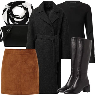 Festival Outfit s Hnědá/Tmavě hnědá Krátká Sukně/Sukně z umělé kůže/Manšestrová Sukně/Kožená MiniSukně/70tá Léta MiniSukně/Kožená Sukně VERO MODA "Zimní outfity"Look: Bar, Karneval, Koncert, Festival, Matriční úřad, Párty