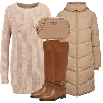 Dlouhé / Maxi Outfit s Hnědá Taška/Dlouhá tylová sukně/Dlouhé Šaty/Doplňek/Dlouhý Zimní Kabát Guess "Zimní outfity"