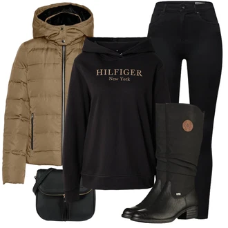 Outfit s Černá Nepromokavá kozačka/Jezdecká Bota/Dlouhá Kozačka/Klasická kozačka/Zimní Kozačka/Bota se širokým nohavici/Plochá kozačka nad koleno Rieker "Zimní outfity"