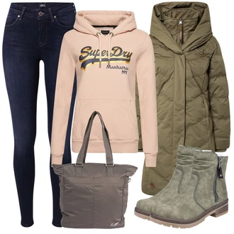 Outfit s Růžová/Béžová/Modrá Superdry "Zimní outfity"