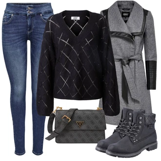 Outfit s Černá Nízká bota na podpatku/Zimní bota/Kozačka Šněrovací Kotníková Bota/Šněrovací Bota Rieker "Zimní outfity"