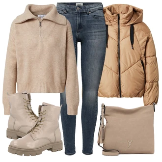Outfit s Béžová/Hnědá/Khaki Kozačka Šněrovací Kotníková Bota/Bojová Bota/Motorkářská bota MJUS "Zimní outfity"