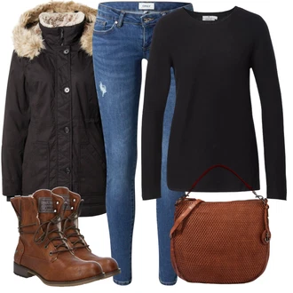 Hunting Outfit s Hnědá/Tmavě hnědá Kozačka Motorkářská Bota/Bojová Bota/Motorkářská bota/Šněrovací Kozačka Mustang "Zimní outfity"Look: Hunting, Na Procházku, Skating, Trekking