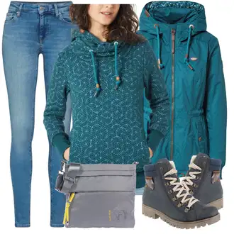 Outfit s Zelená/Tyrkysový Bunda s Kapucí/Lyžařská bunda/Plachtařská bunda/Trekingová bunda/Outdoorové Bundy/Parka/Ripstop bunda/Snowboardová Bund/Turistická bunda Ragwear "Zimní outfity"