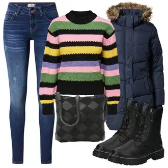 Outfity na zimu Pruhovaný s Vícebarevný Pletený Svetr/Svetr Niki/Pruhovaný Svetr Only "Zimní outfity"