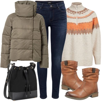 Outfit s Oranžová/Hnědá/Béžová Norský Svetr/Norský Svetr/Svetr se zipem/Vintage svetr/Vlněný Svetr Vila "Zimní outfity"