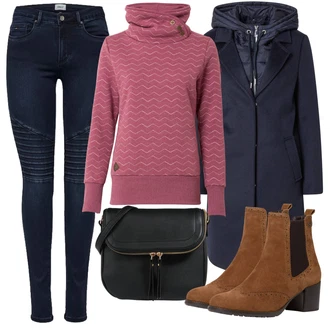 Outfit s Tmavě hnědá/Hnědá/Vínová Chelsea Boty/Kožená bunda/Letní kotníková kozačka/Kotníková Bota s Podšívkou/Vintage Kotníková Bota Tamaris "Zimní outfity"