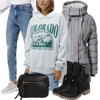 Venkovní Outfit s Šedá/Stříbrný Fleecová Mikina/Kožená bunda/Sportovní mikina/Vintage mikina Pull&Bear "Zimní outfity"Look: Venkovní, Skater, Sportovní
