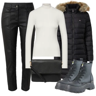 Lehké Outfit s Černá/Tmavě modrá/Modrá Šněrovací Kotníková Bota/Kožená bunda/Bojová Bota/Plochá Kotníková Bota/Šněrovací Kozačka na Platformě/Gumová Kotníková Bota Buffalo "Zimní outfity"