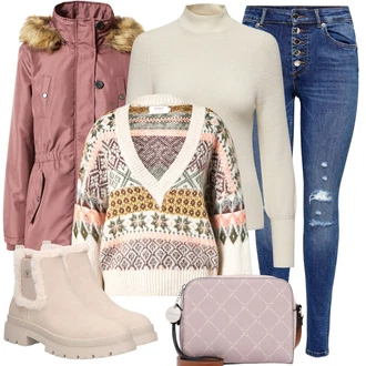 Norský vzor Outfit s Vícebarevný/Hnědá/Béžová/Bílá/Krémová/Žlutá Žakárový Svetr/Norský Svetr/Norský Svetr/Potisknout Svetr/Vintage svetr/Zimní Svetr/Vlněný Svetr/Pletený Svetr Only "Zimní Outfit"