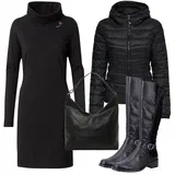 Outfity s černými šaty s výstřihem kolem krku pro plnoštíhlé image