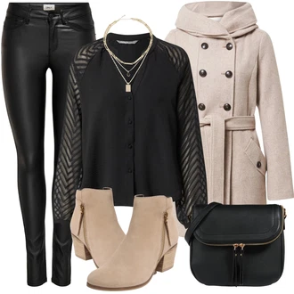 Elegantní Outfit s Černá Kožená bunda/Halenka s Dlouhým Rukávem/Průhledná blůza/Crash blůza/Hedvábná Halenka/Blůza s nášivkou na lokti/Otevřená Halenka/Blůza s knoflíčkem/Elegantní Halenka/Neobvyklá Halenka/Halenkový Top Only "Zimní outfity"Look: Klasické, Lehký, Styl, Francouzské, Kancelář, S průsvitem, Elegantní