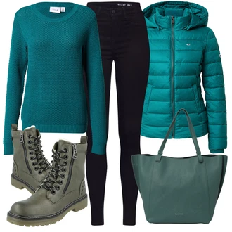 S podšívkou Outfit s Černá/Tmavě modrá Motorkářské Džíny/High Waist Džínové Kalhoty/Push up Džín/Kožená bunda/Kožené Boty/Termální Džíny/Zimní bunda Noisy may "Zimní outfity"